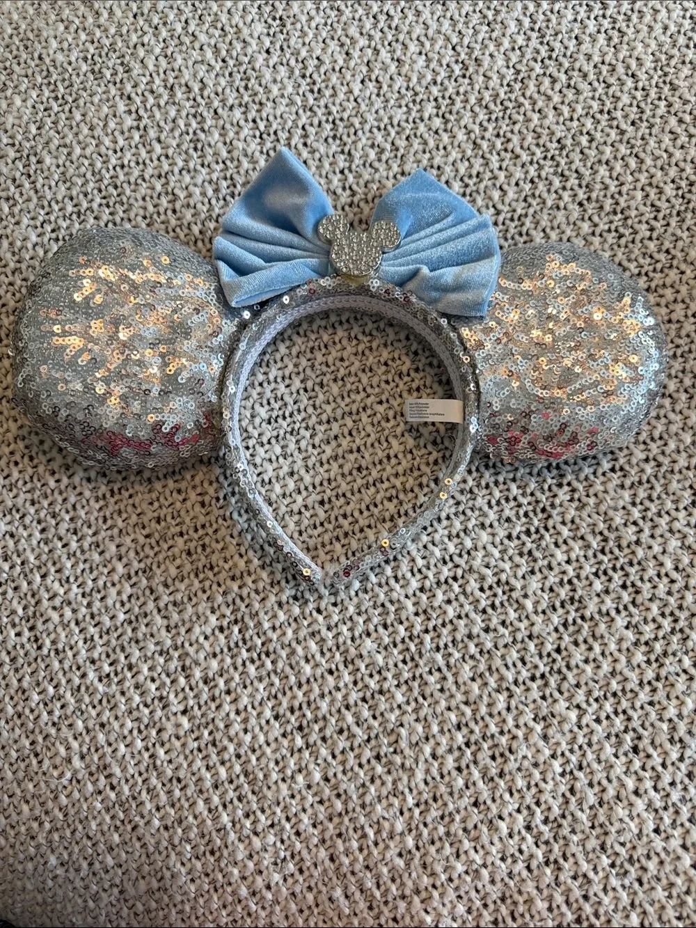 Disney Silver Sequin Minnie Ear Headband with Light Blue Bow kids size